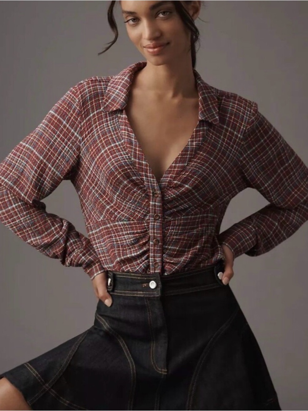 Anthropologie Pilcro Keaton Button-Front Top, Red Multi XS but fits larger
